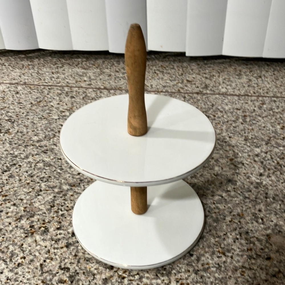 Ceramic and wooden small tiered double tray